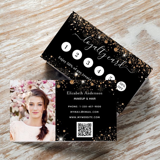 Black gold glitter dust qr code photo business loyalty card (Creator Uploaded)