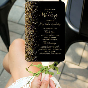 Black Gold Glitter Edge Wedding Program Hand Fan