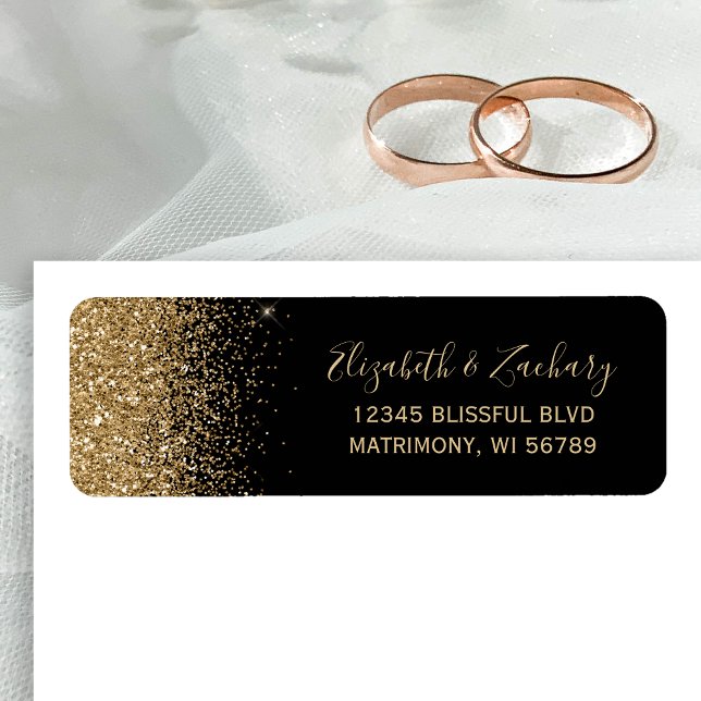 Black Gold Glitter Edge Wedding Return Address Label (Creator Uploaded)