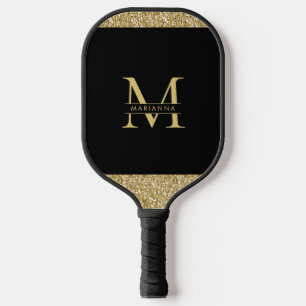 Black Gold Glitter Elegant Monogram Personalised Pickleball Paddle