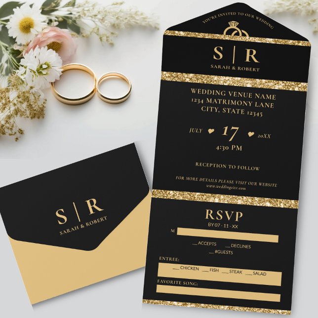 Black & Gold Glitter Elegant Wedding All In One Invitation (Black & Gold Glitter Elegant Wedding All In One Invitation)