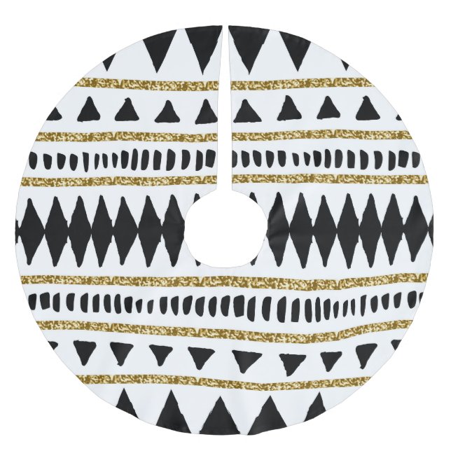 Black Gold Glitter Ethnic Pattern Brushed Polyester Tree Skirt (Front)