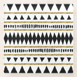 Black Gold Glitter Ethnic Pattern Glass Coaster