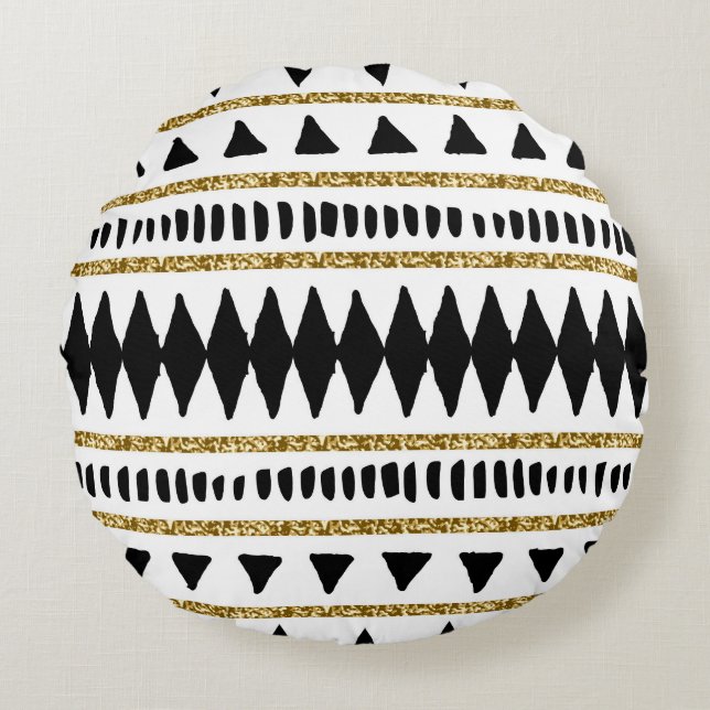 Black Gold Glitter Ethnic Pattern Round Cushion (Front)