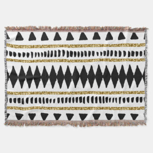 Black Gold Glitter Ethnic Pattern Throw Blanket