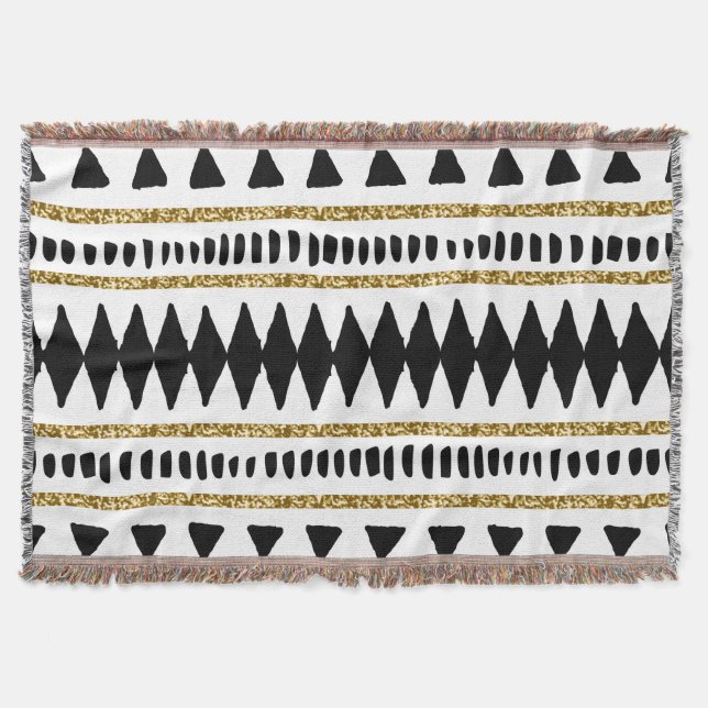 Black Gold Glitter Ethnic Pattern Throw Blanket (Front)