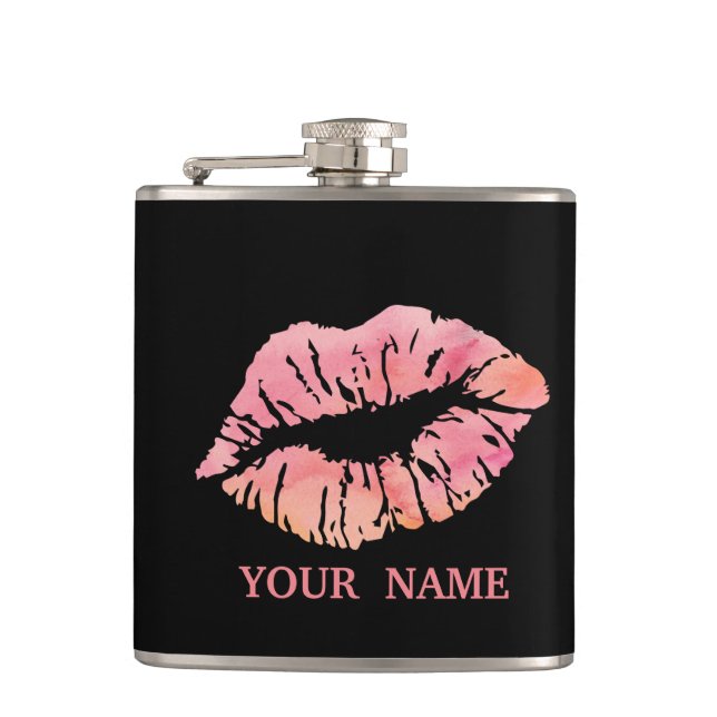 Black Gold Glitter Faux Foil Confetti Lips Hip Flask (Front)
