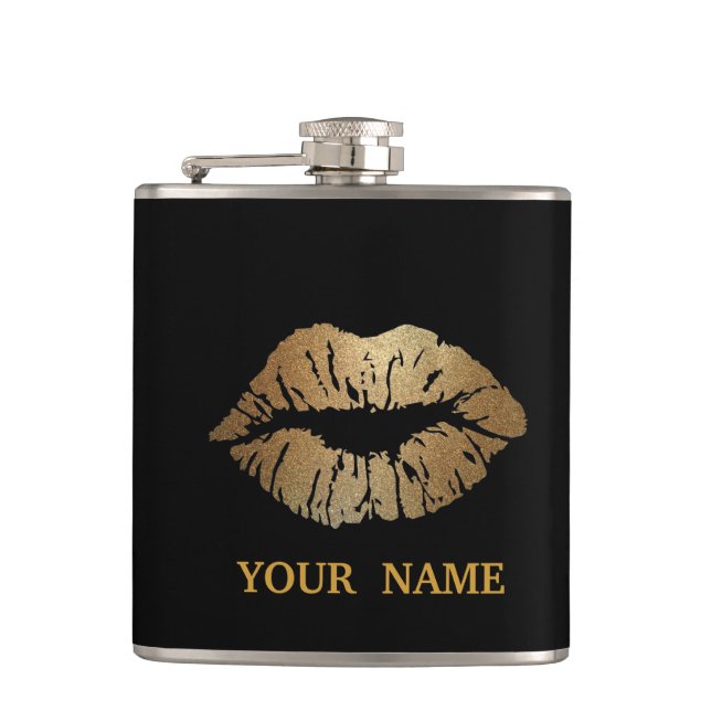 Black Gold Glitter Faux Foil Confetti Lips Hip Flask (Front)