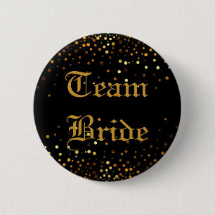 Black Gold Glitter Faux Foil Wedding Team Bride 6 Cm Round Badge