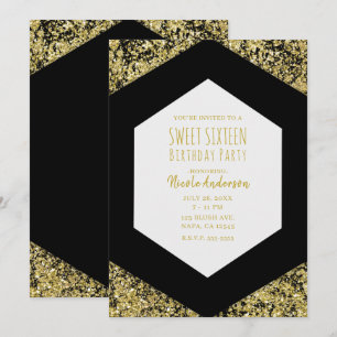 Black & Gold Glitter Flakes Glam Sweet 16 Party  Invitation