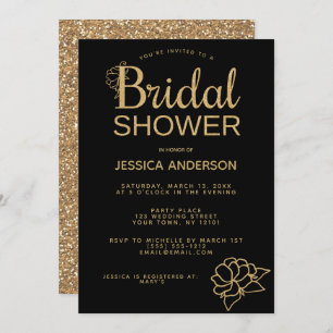 Black Gold Glitter Floral Bridal Shower Invitation