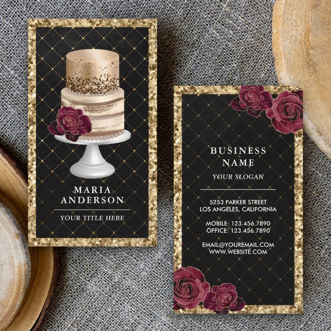 Black Gold Glitter Floral Cake Pastry Chef Bakery Business Card (Creator Uploaded)
