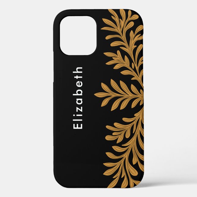 Black Gold Glitter Floral Leaves Custom Name Perso Case-Mate iPhone Case (Back)