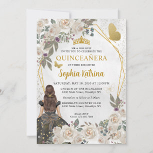 Black Gold Glitter Floral Princess Quinceañera Invitation