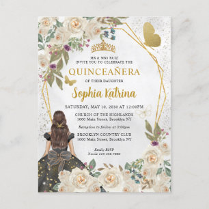 Black Gold Glitter Floral Princess Quinceañera Invitation Postcard