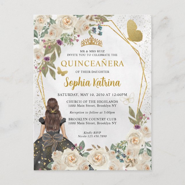 Black Gold Glitter Floral Princess Quinceañera Invitation Postcard (Front)
