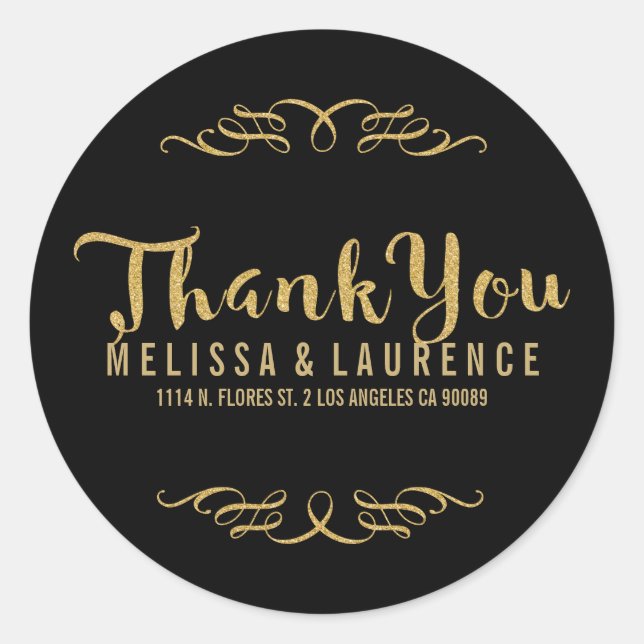 Black & Gold Glitter Frame Thank You Modern Text Classic Round Sticker (Front)
