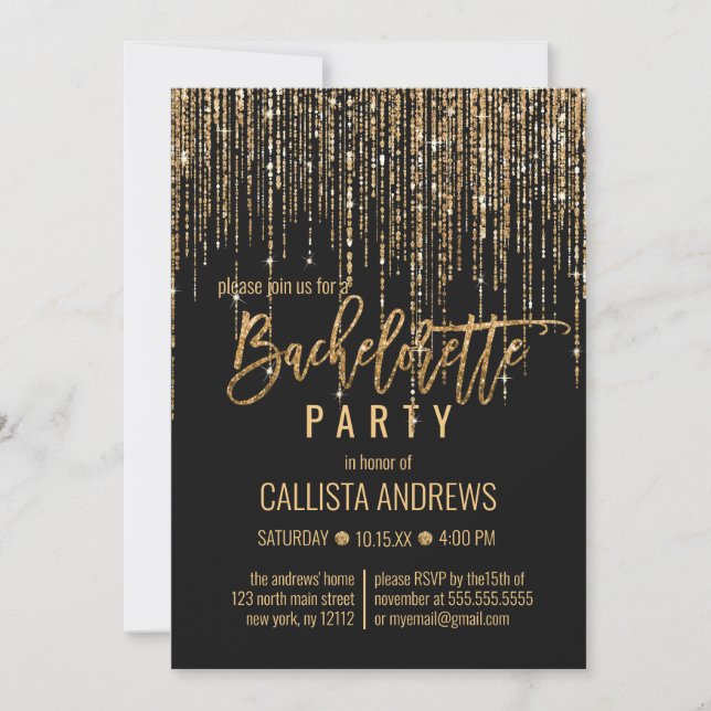 Black Gold Glitter Fringe Curtain Bachelorette Invitation (Front)
