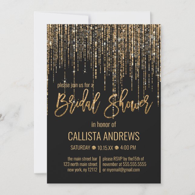 Black Gold Glitter Fringe Curtain Bridal Shower Invitation (Front)