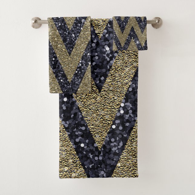 Black Gold Glitter Geometric Pattern  Bath Towel Set (Insitu)