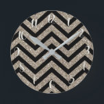 Black & Gold Glitter Girly Glam Glamour Chevron Round Clock<br><div class="desc">Customise with any text.</div>