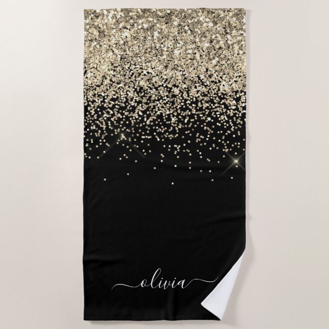Black Gold Glitter Girly Monogram Name Beach Towel (Front)