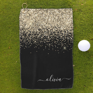 Black Gold Glitter Girly Monogram Name Golf Towel