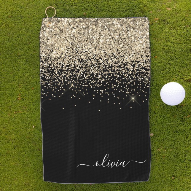 Black Gold Glitter Girly Monogram Name Golf Towel (Creator Uploaded)