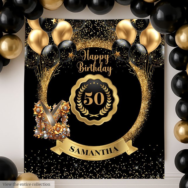 Black Gold Glitter Glam 50th Birthday Backdrop Tapestry (Black Gold Glitter Glam 50th Birthday Backdrop)