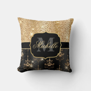 Black & Gold Glitter Glam Chandeliers & Art Deco Cushion