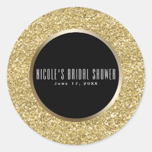 Black & Gold Glitter Glam Elegant Wedding Favour Classic Round Sticker