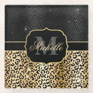 Black & Gold Glitter Glam Leopard Spots & Art Deco Glass Coaster