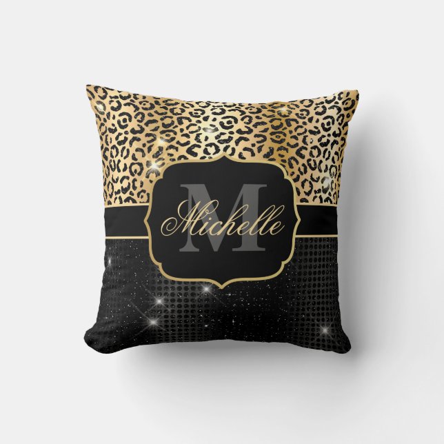 Black & Gold Glitter Glam Leopard Spots & Dots Cushion (Front)