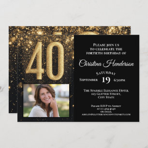 Black Gold Glitter Glam Photo 40th Birthday Party Invitation