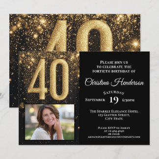 Black Gold Glitter Glam Photo 40th Birthday Party Invitation