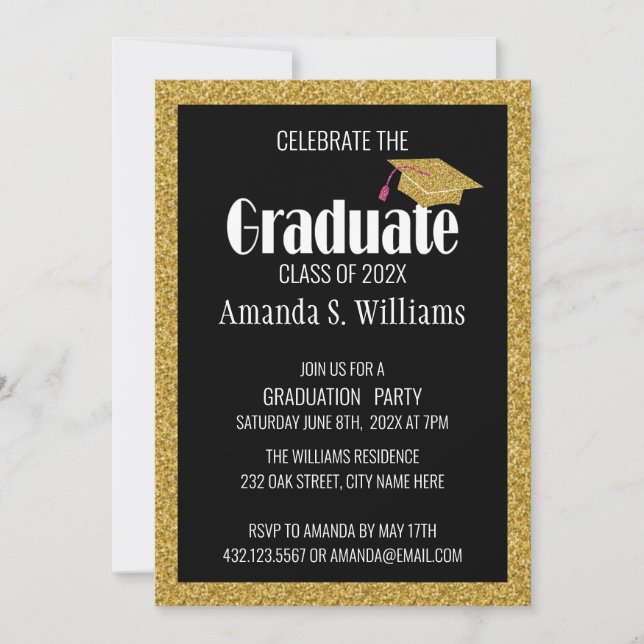 Black Gold Glitter Grad Cap Graduation Party  Invitation (Front)