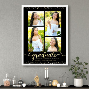 Black Gold Glitter Graduation 4 Photo Script Heart Poster