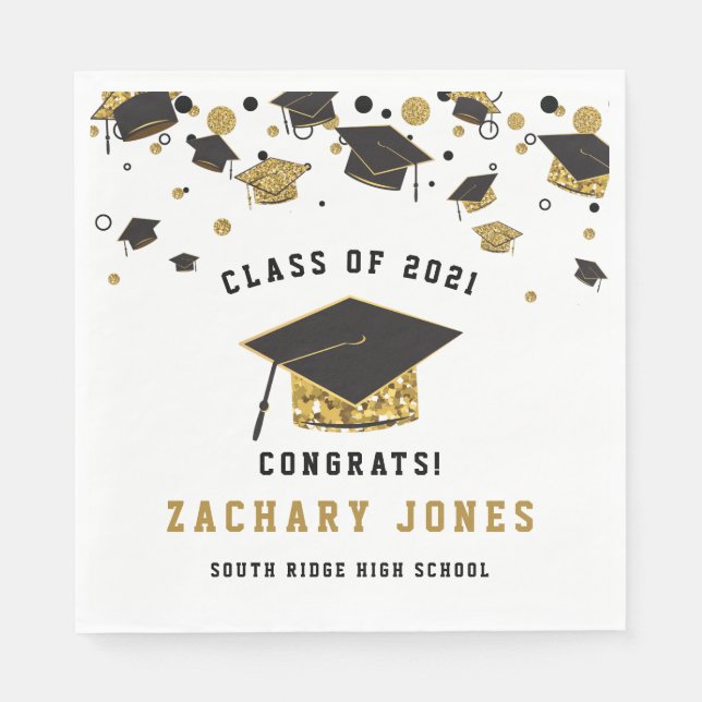 Black & Gold Glitter Graduation Cap  Class of 2021 Napkin (Front)