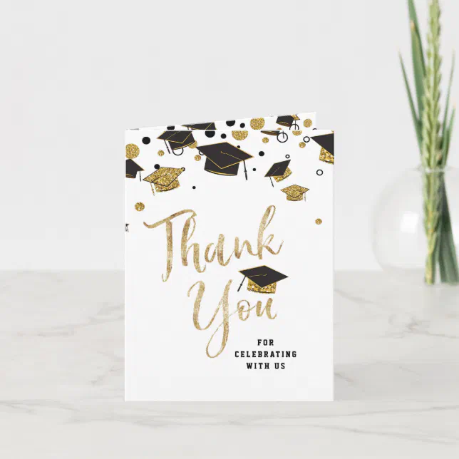 Black & Gold Glitter Graduation Cap Class of 2021 Thank You Card | Zazzle