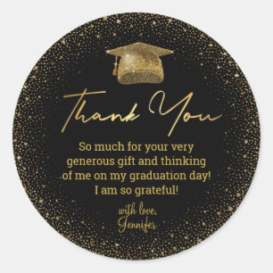 Black Gold Glitter Graduation Cap Thank You Classic Round Sticker
