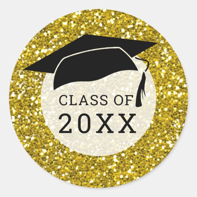Black  Gold Glitter Graduation Hat Class Of 2022 Classic Round Sticker (Front)