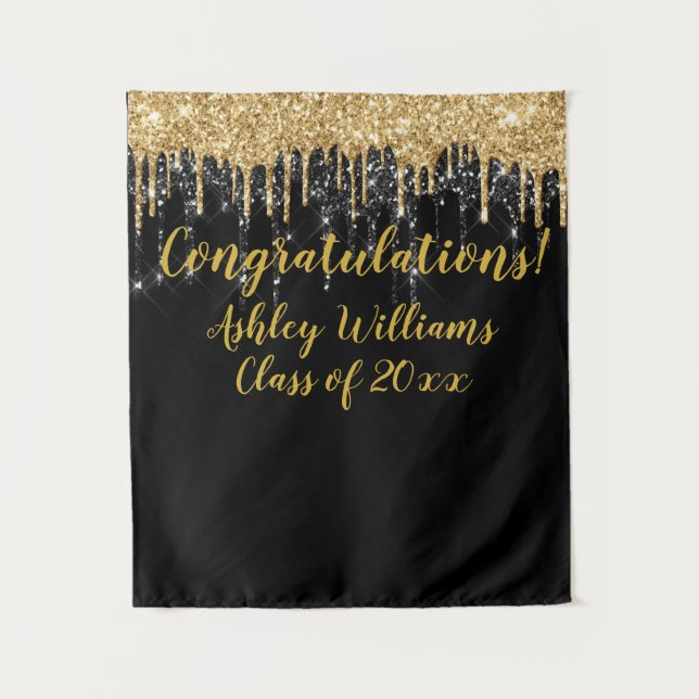 Black Gold Glitter Graduation Party Photo Booth Tapestry (Front)