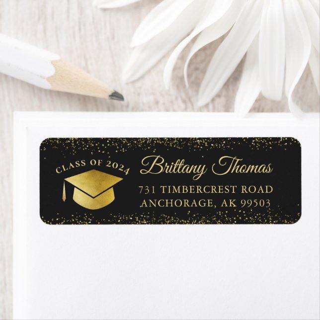 Black Gold Glitter Graduation Party Return Address Label (Insitu)