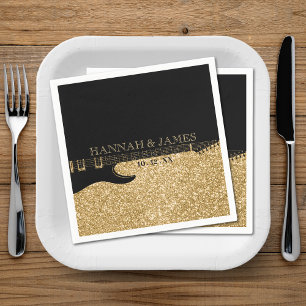 Black & Gold Glitter Guitar Wedding Napkin