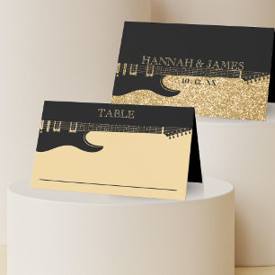 Black & Gold Glitter Guitar Wedding Place Card