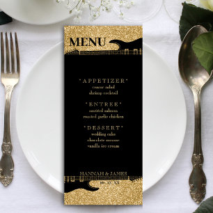 Black & Gold Glitter Guitar Wedding Reception Menu