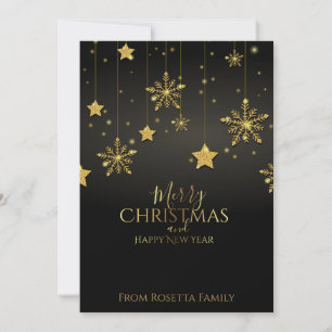 Black Gold Glitter Hanging Snowflakes Christmas Holiday Card