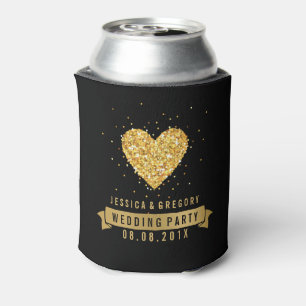 Black & Gold Glitter Heart Illustration Can Cooler