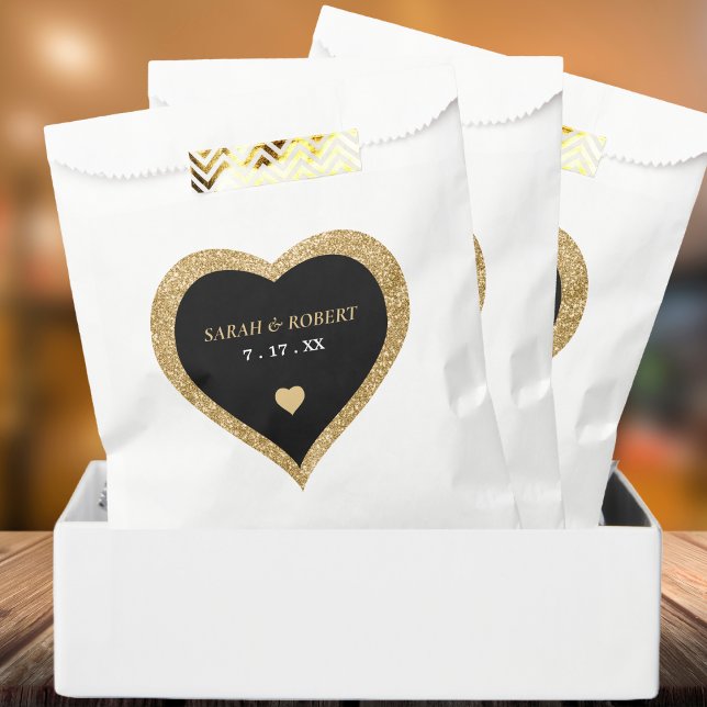 Black & Gold Glitter Heart Wedding Favour Bag (Black & Gold Glitter Heart Wedding Favor Bag)