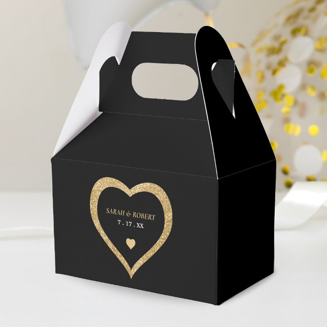Black & Gold Glitter Heart Wedding Favour Box (Black & Gold Glitter Heart Wedding Favor Box)